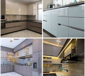 چهار عکس از کابینت های گلاس براق رنگ سفید، کرم و بژ در آشپزخانه مدرن