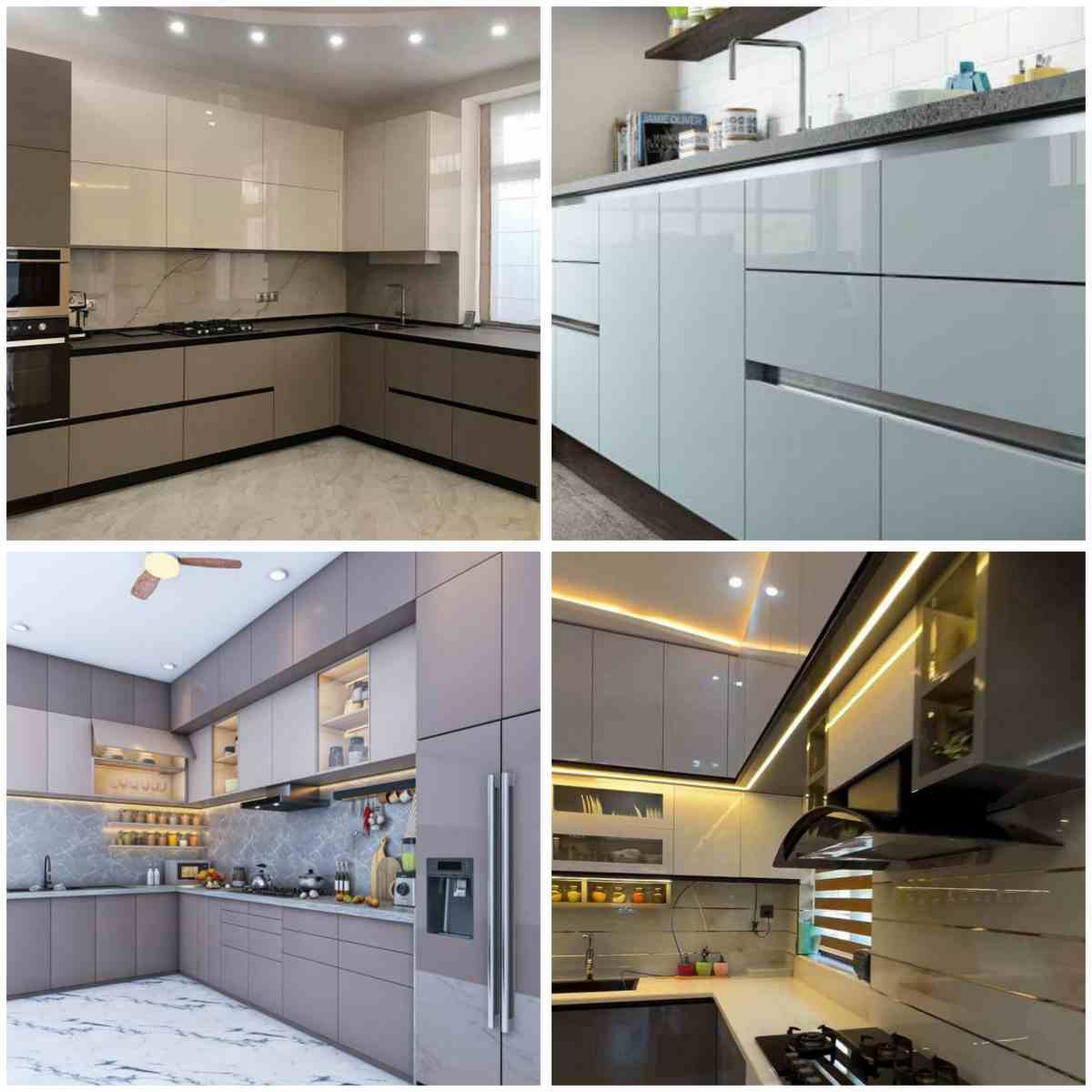 چهار عکس از کابینت های گلاس براق رنگ سفید، کرم و بژ در آشپزخانه مدرن