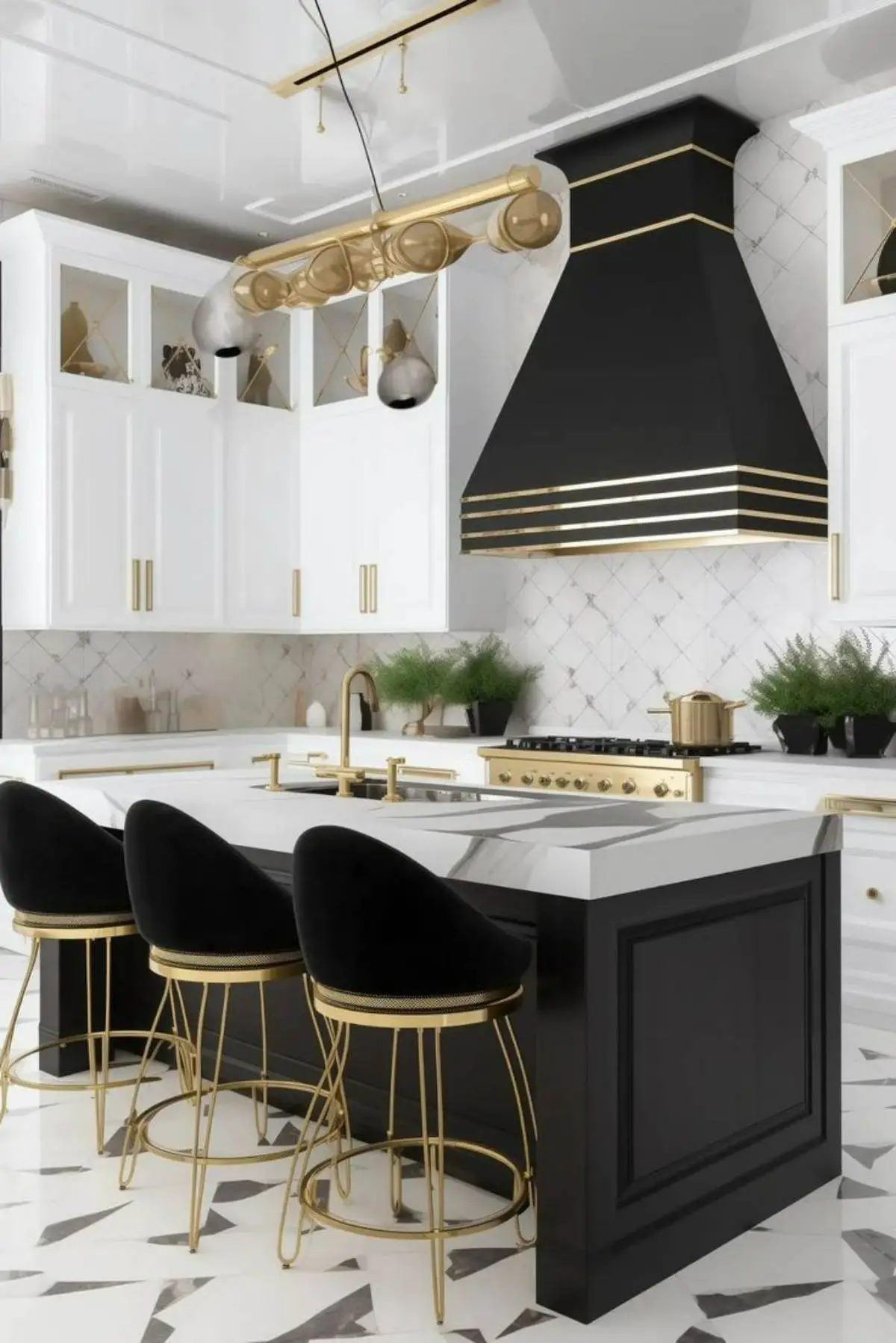 کابینت نئوکلاسیک سفید با جزیره نئوکلاسیک مشکی و کاور هود مشکی با نوارهای طلایی