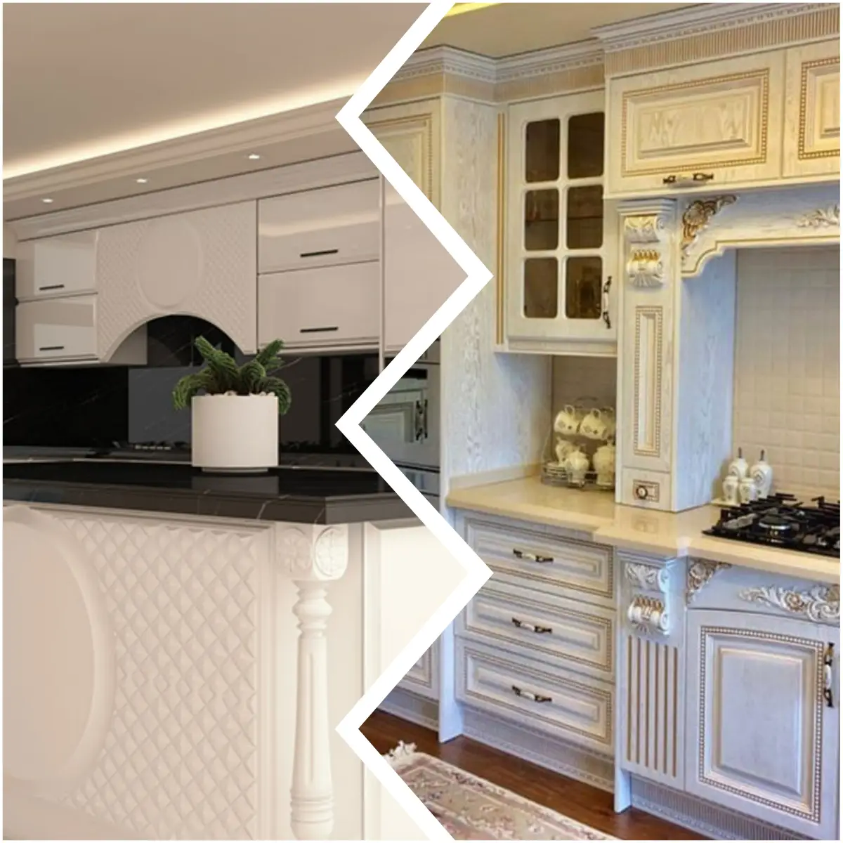 کابینت روکش چوب کلاسیک سفید و طلایی با کابینت پولیشی نئوکلاسیک سفید