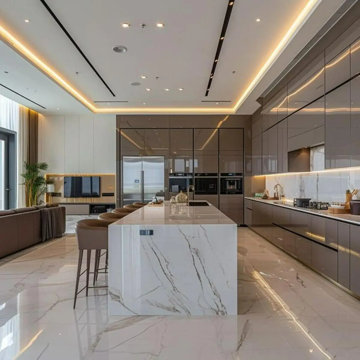 کابینت هایگلاس براق رنگ بژ با جزیره سفید