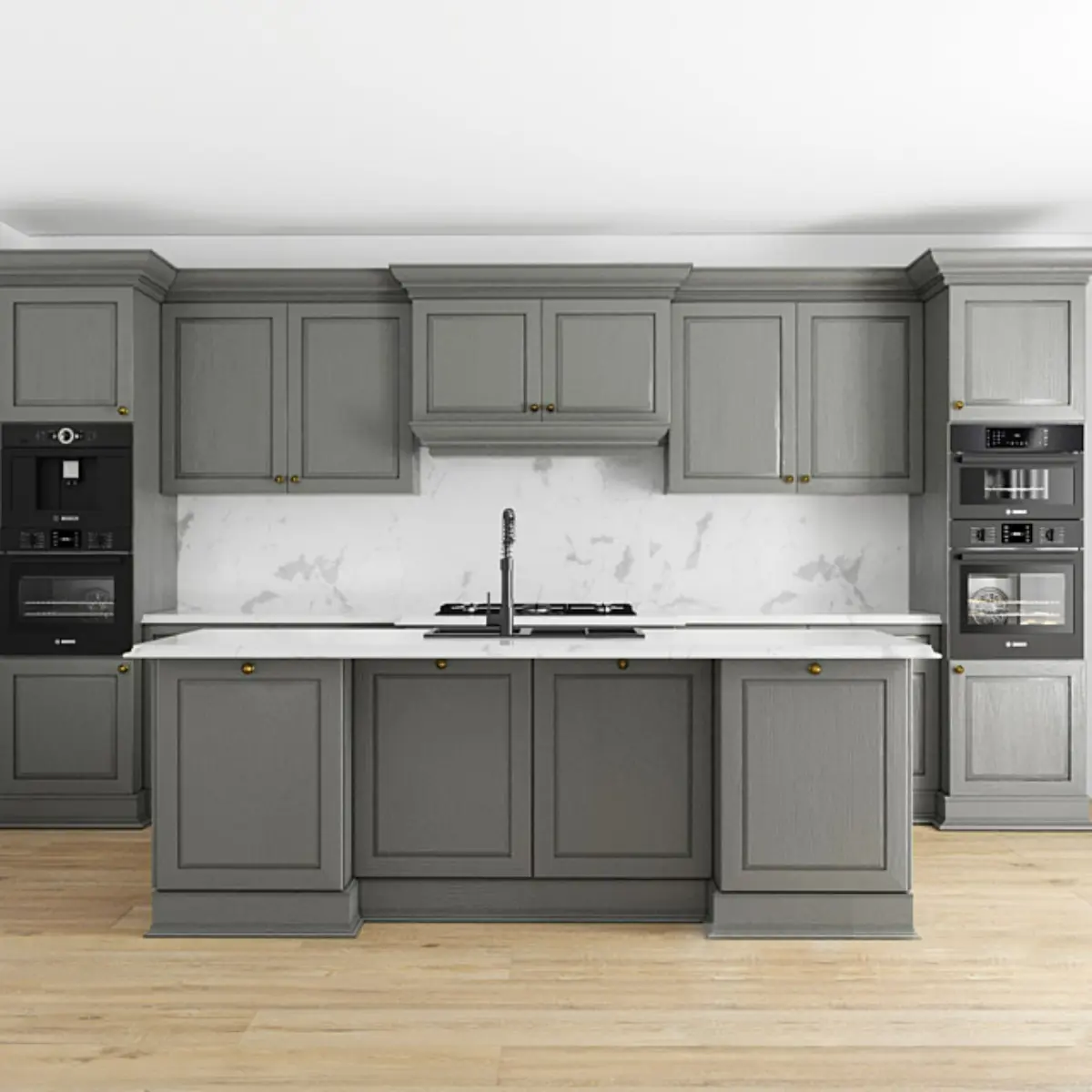 کابینت نئوکلاسیک طوسی با جزیره سینک دار و بین کابینتی سفید