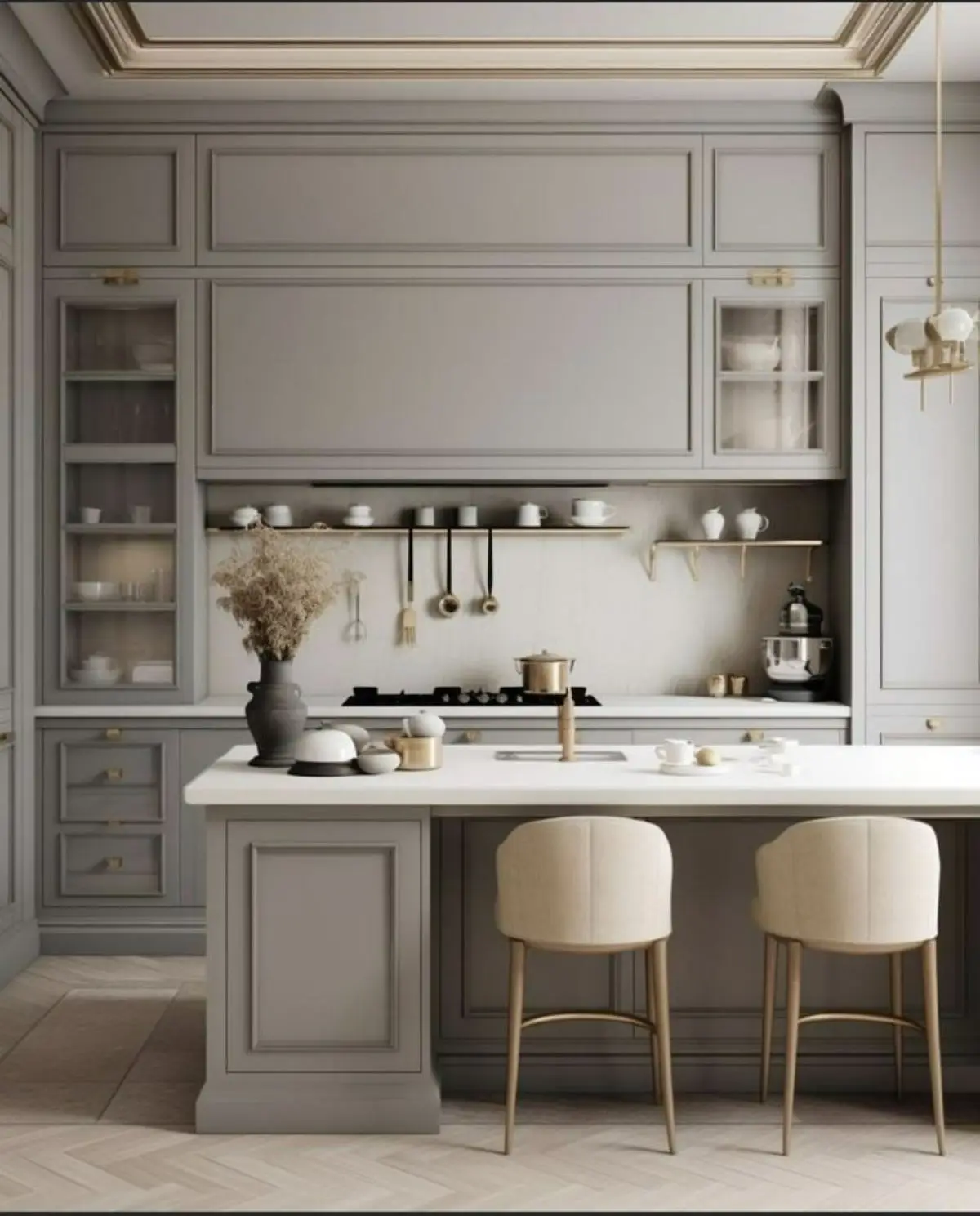 کابینت و جزیره نئوکلاسیک طوسی روشن