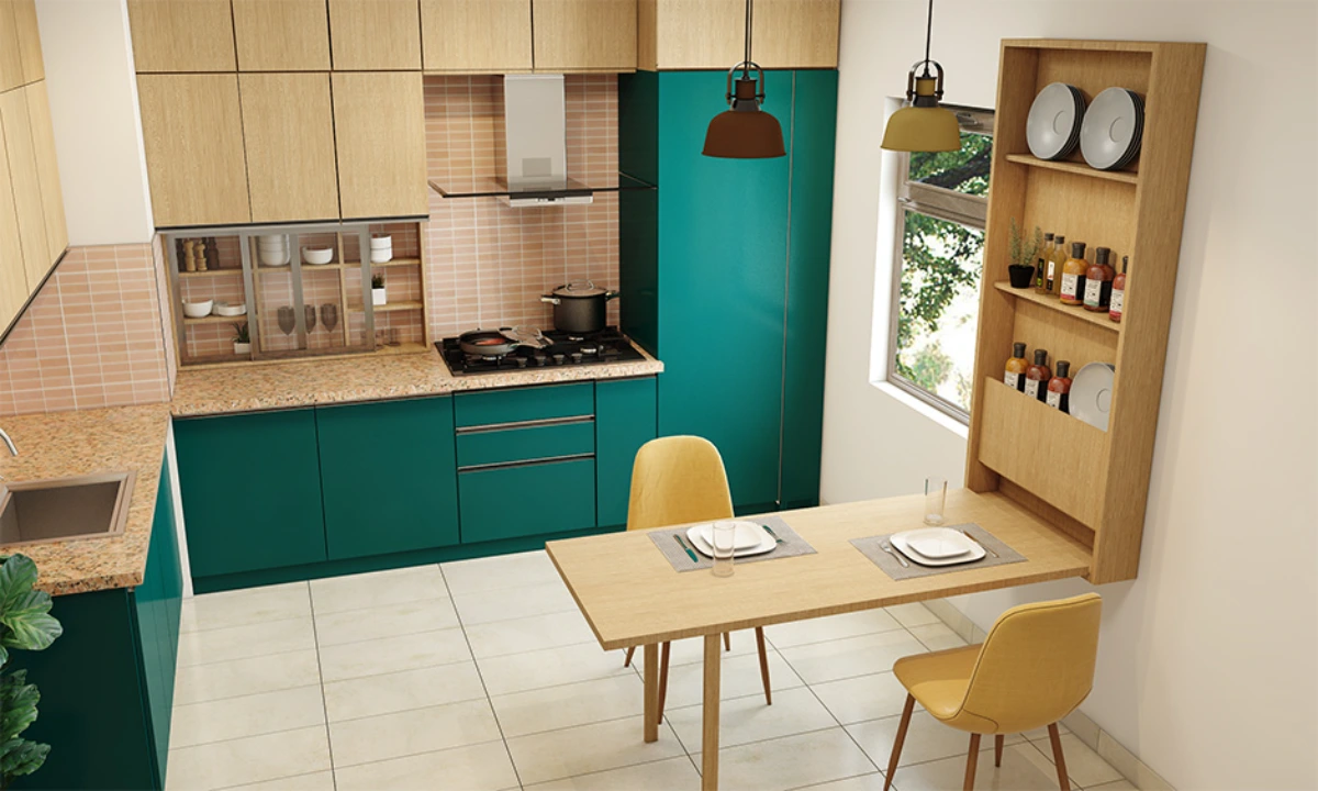 کابینت ام دی اف به رنگ سبز چوبی با میز تاشو برای آشپزخانه کوچک
