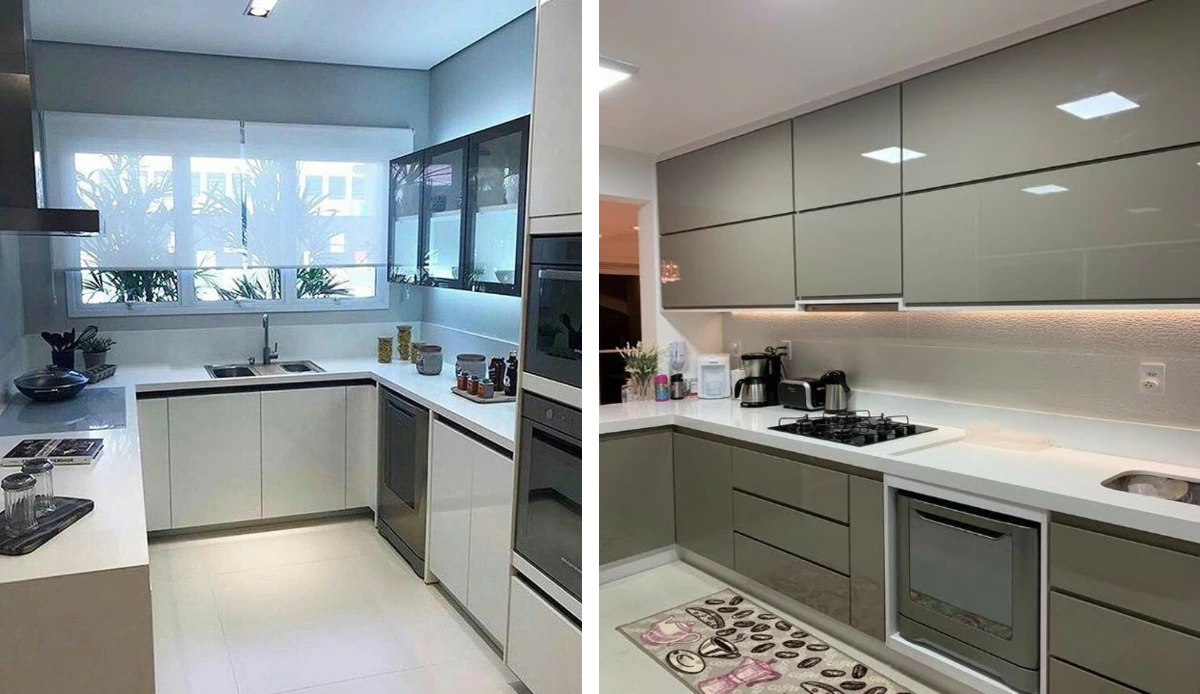 دو مدل کابینت هایگلاس براق و مات سفید طوسی برای آشپزخانه کوچک