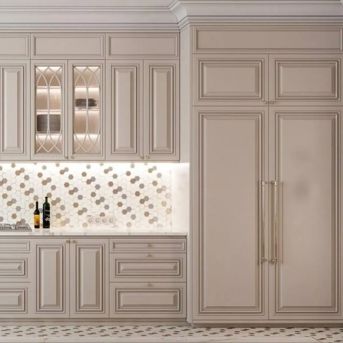 Neoclassical Membrane Cabinet.jfif کابینت ممبران نئوکلاسیک با دستگیره دکمهای و خطی و درب ویترینی