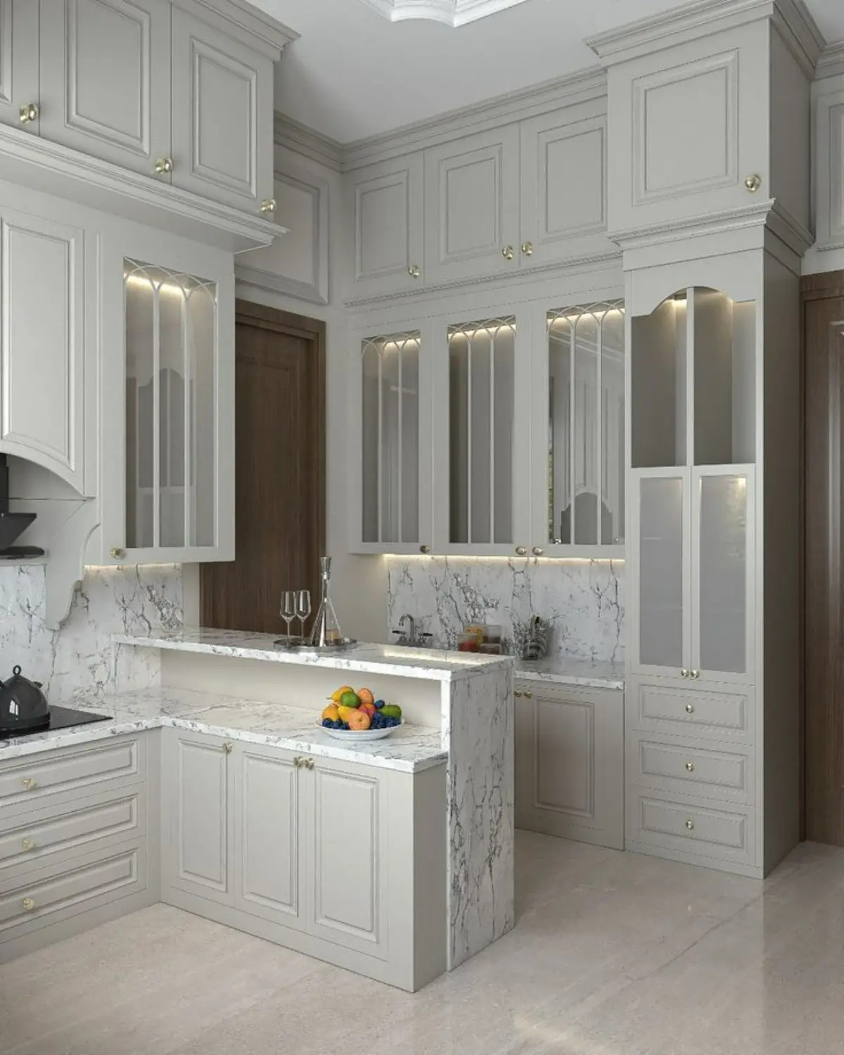 Neoclassical cabinet with stepped countertop.jfif کابینت نئوکلاسیک طوسی با کانتر پلکانی سنگی