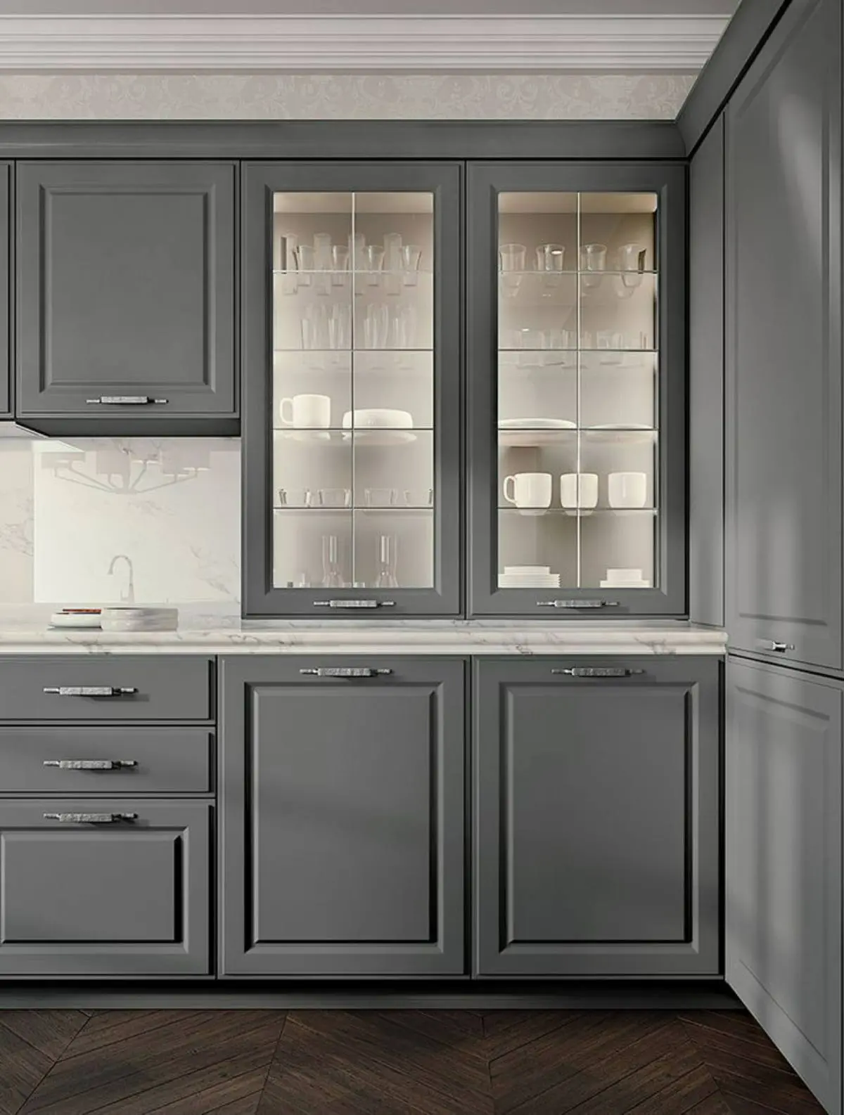 کابینت نئوکلاسیک طوسی با درب شیشه‌ای