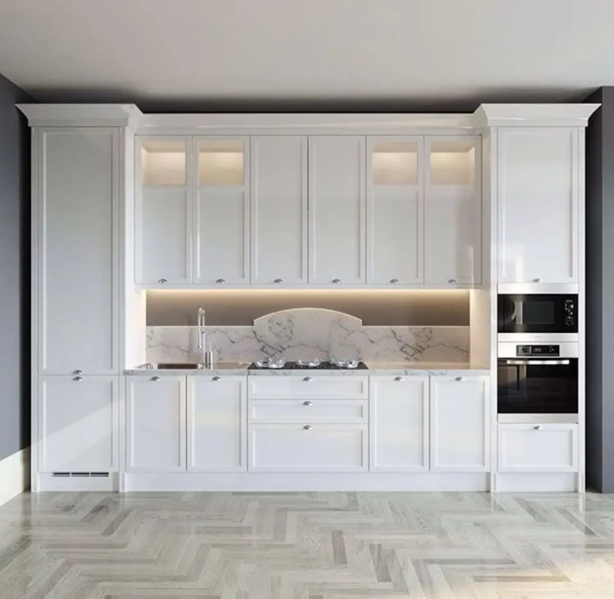 Polished neoclassical cabinet.jfif کابینت نئوکلاسیک پولیشی سفید براق با نورپردازی زیرکابینتی