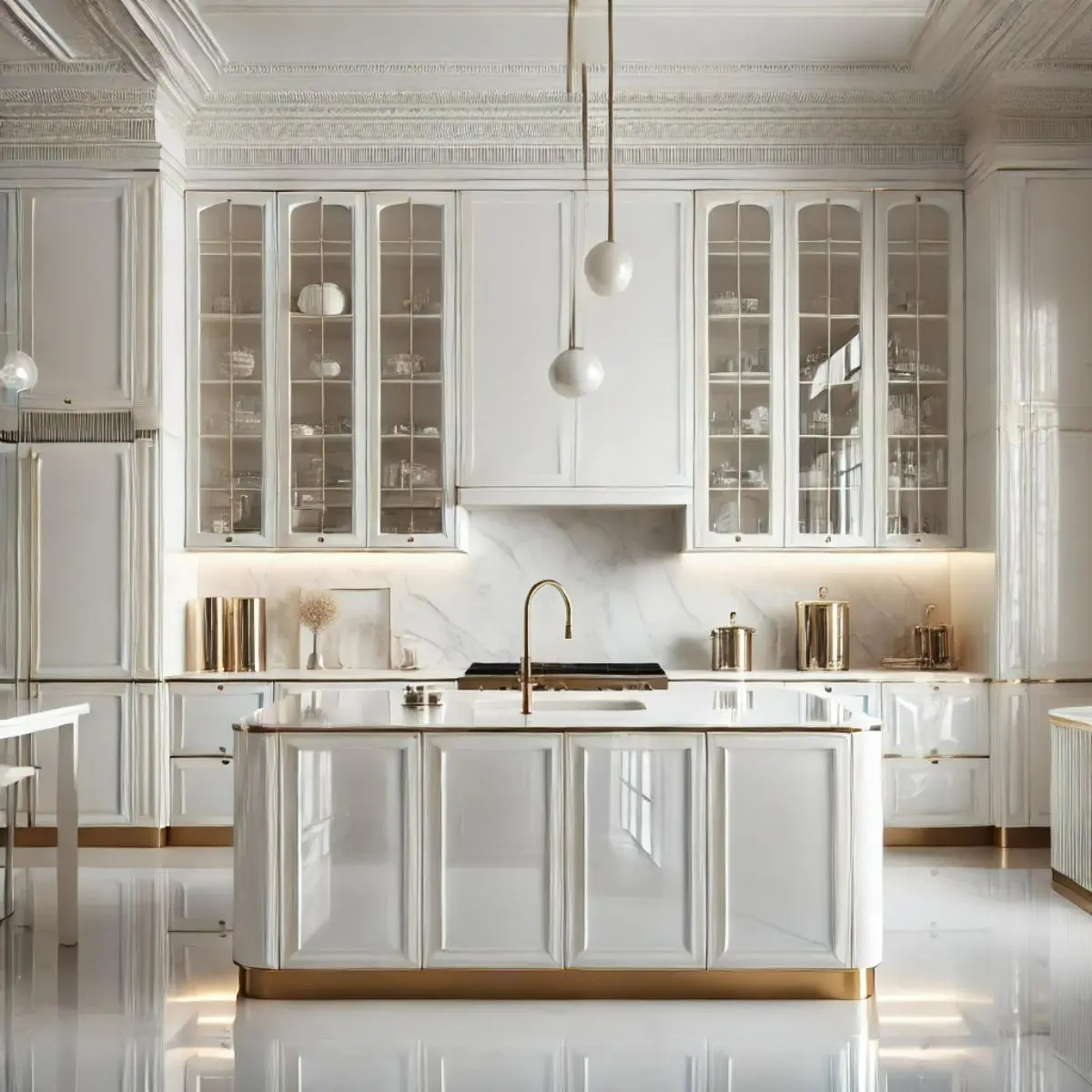 کابینت و جزیره نئوکلاسیک پولیشی سفید و طلایی