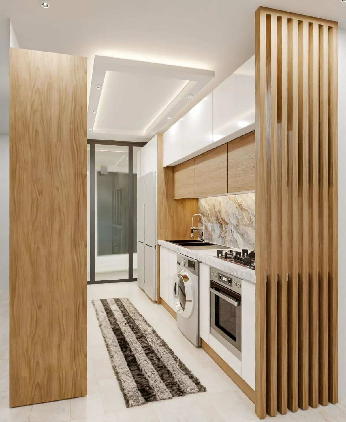کابینت مدرن هایگلاس سفید و چوبی پله‌ای