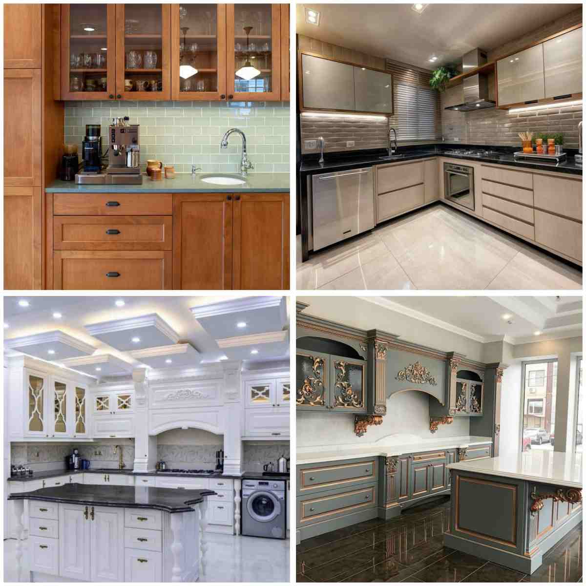 چهار کابینت آشپزخانه با سبک‌های مدرن، نئوکلاسیک و کلاسیک به رنگ بژ، چوبی، سفید و سبز و طلایی