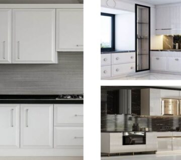 کابینت نئوکلاسیک انزو سفید، نئوکلاسیک براق با درب شیشه‌ای و نئوکلاسیک براق با کابینت ویترینی مشکی