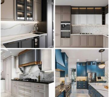 چهار عکس از کابینت نئوکلاسیک به رنگ آبی، طوسی، بژ و مشکی در آشپزخانه