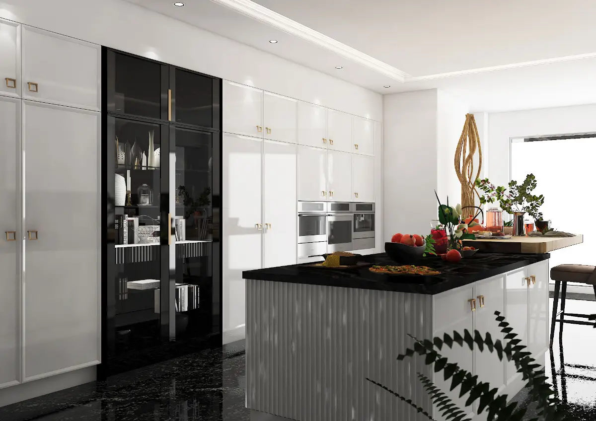 کابینت پولیشی سفید با کابینت دکوری مشکی