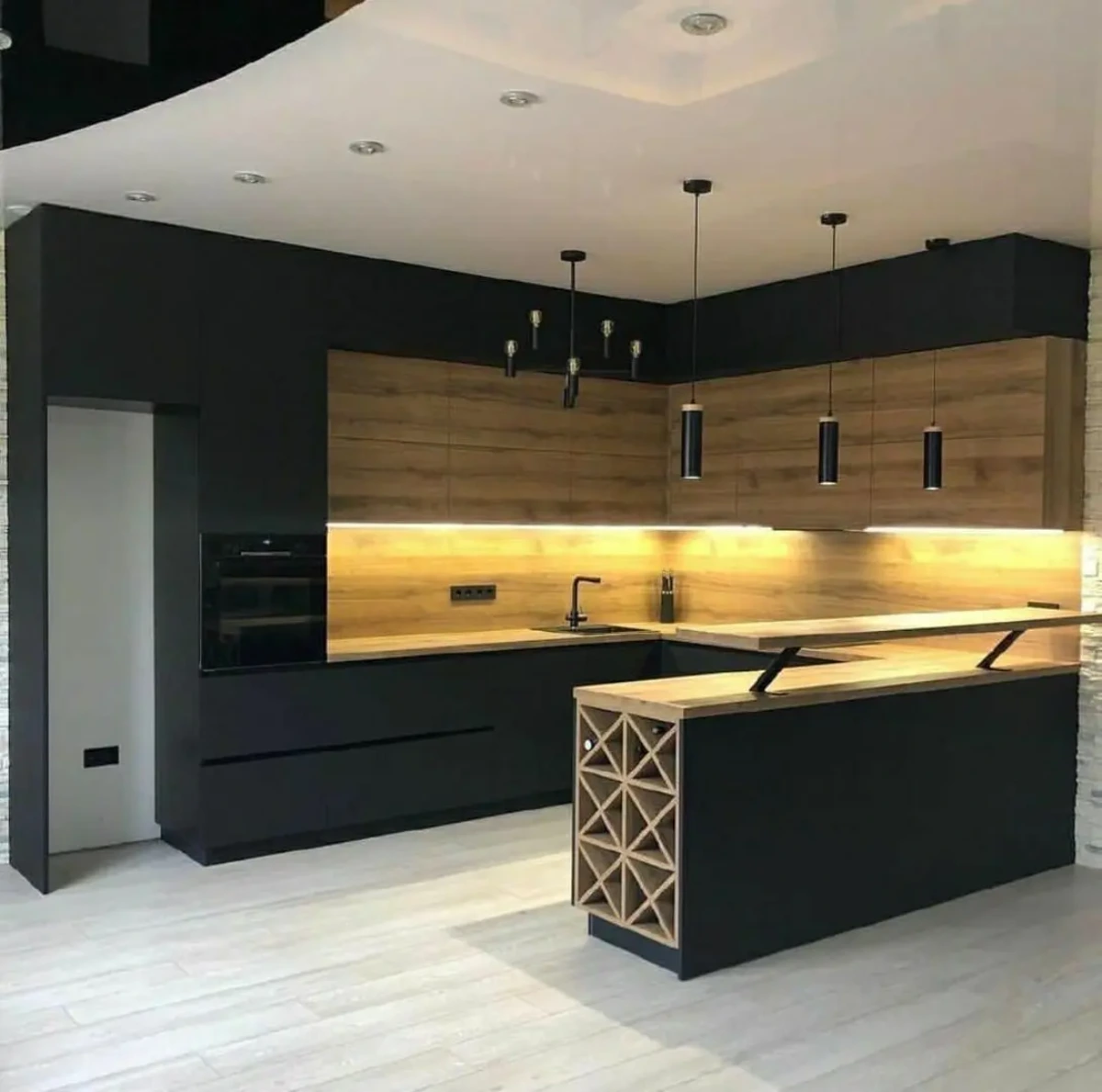 کابینت ام دی اف مشکی چوبی ساده در آشپزخانه ال شکل دارای جزیره