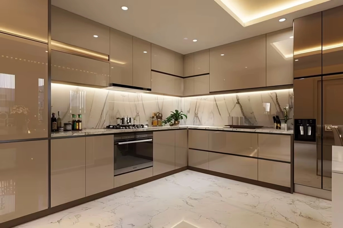 کابینت هایگلاس براق رنگ شامپاینی مدرن