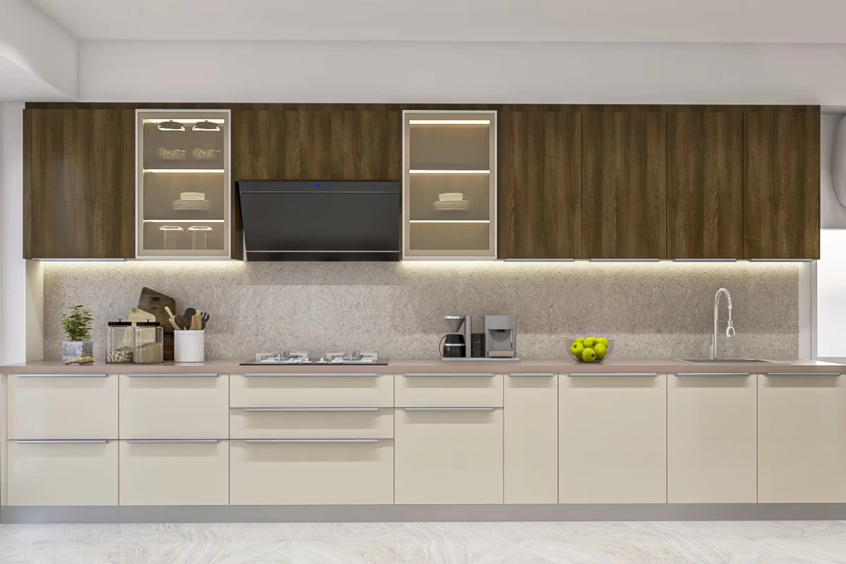 کابینت هایگلاس دیواری چوبی و کابینت زمینی رنگ شامپاینی آشپزخانه مدرن