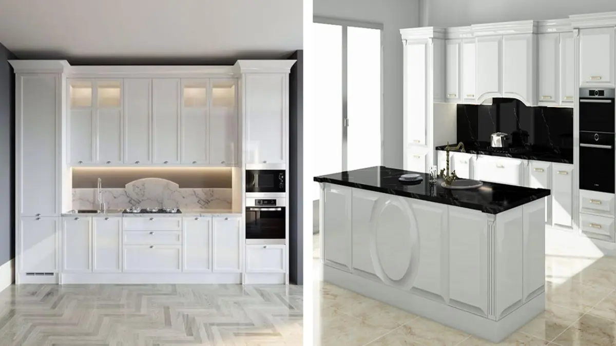 کابینت نئوکلاسیک سفید و کابینت انزوی سفید با صفحه کابینت مشکی