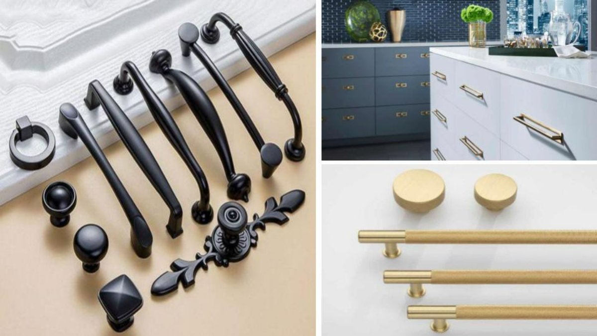 تصویر شاخص دستگیره های مشکی و طلایی نصب شده مناسب کابینت های گلاس