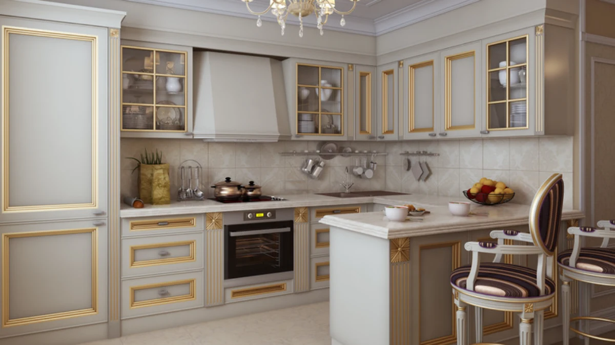 کابینت نئوکلاسیک سفید با سی ان سی و تزئینات طلایی