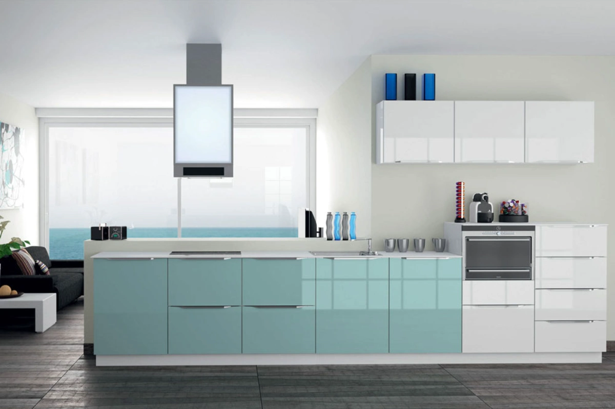 کابینت هایگلاس سفید طوسی و آبی روشن
