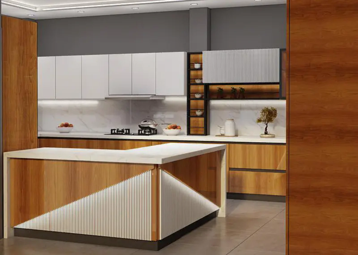 کابینت هایگلاس سفید طوسی با رنگ قهوه‌ای چوبی