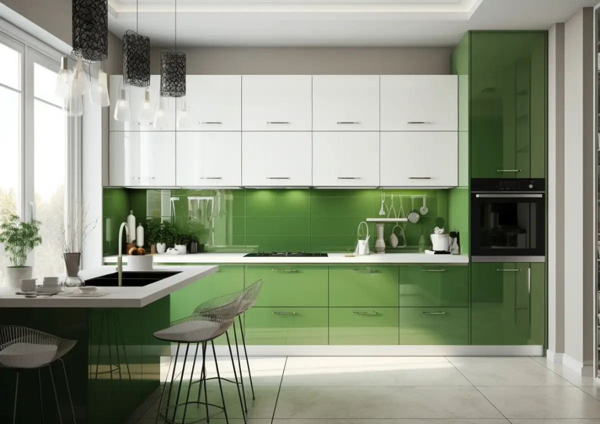 کابینت های گلاس سبز روشن زمینی با کابینت دیواری سفید در آشپزخانه مدرن