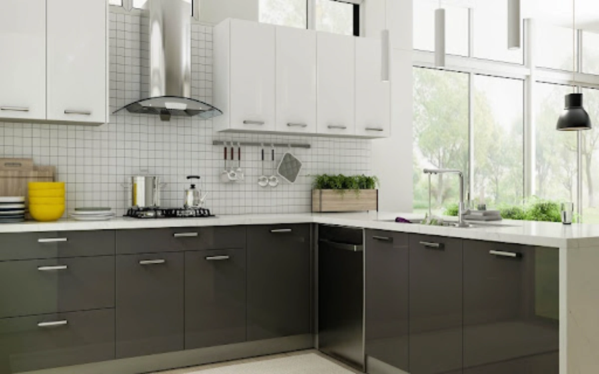 کابینت هایگلاس سفید طوسی براق با دستگیره