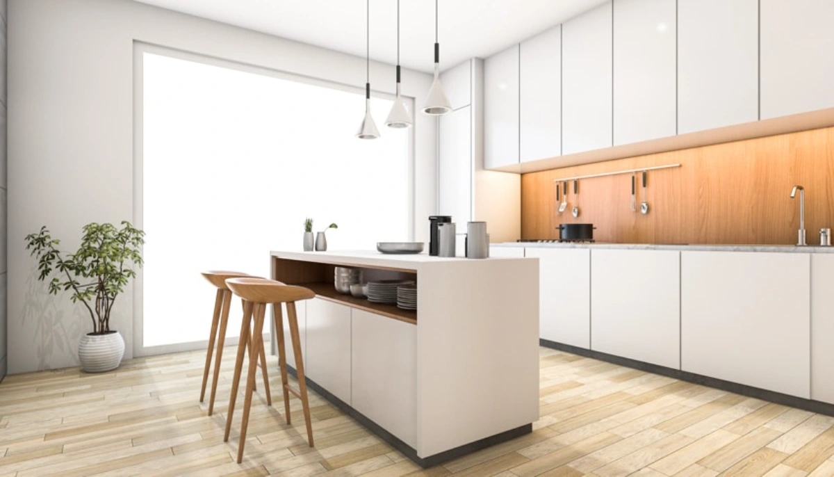 کابینت ام دی اف ساده سفید دارای جزیره و بین کابینت طرح چوب