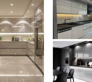 سه مدل کابینت ‌های گلاس در رنگ‌های بژ با نورهای زیرکابینتی، رنگ سفید و طوسی با بین‌کابینتی مشکی و رنگ سفید با صفحه کابینت مشکی