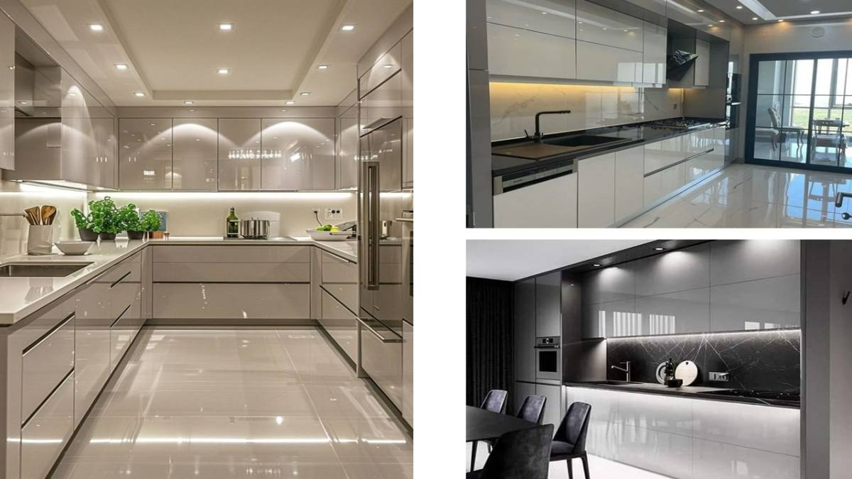 سه مدل کابینت ‌های گلاس در رنگ‌های بژ با نورهای زیرکابینتی، رنگ سفید و طوسی با بین‌کابینتی مشکی و رنگ سفید با صفحه کابینت مشکی