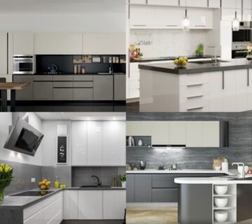 کابینت هایگلاس سفید طوسی، کابینت هایگلاس سفید طوسی مات، کابینت هایگلاس سفید طوسی مات و براق باهم، کابینت هایگلاس سفید طوسی با جزیره طوسی مات
