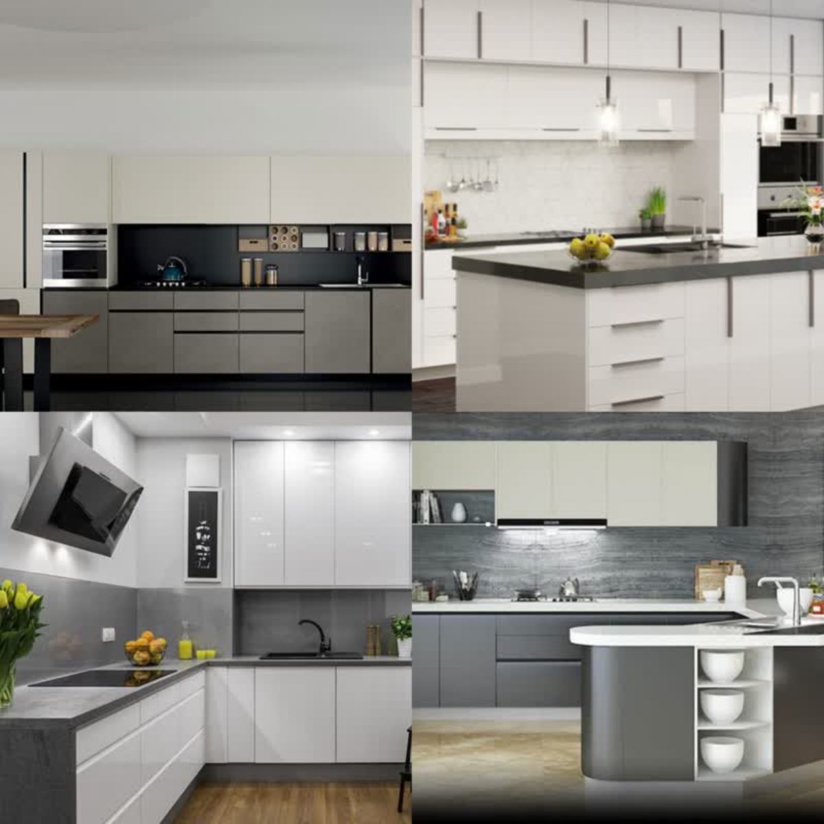 کابینت هایگلاس سفید طوسی، کابینت هایگلاس سفید طوسی مات، کابینت هایگلاس سفید طوسی مات و براق باهم، کابینت هایگلاس سفید طوسی با جزیره طوسی مات