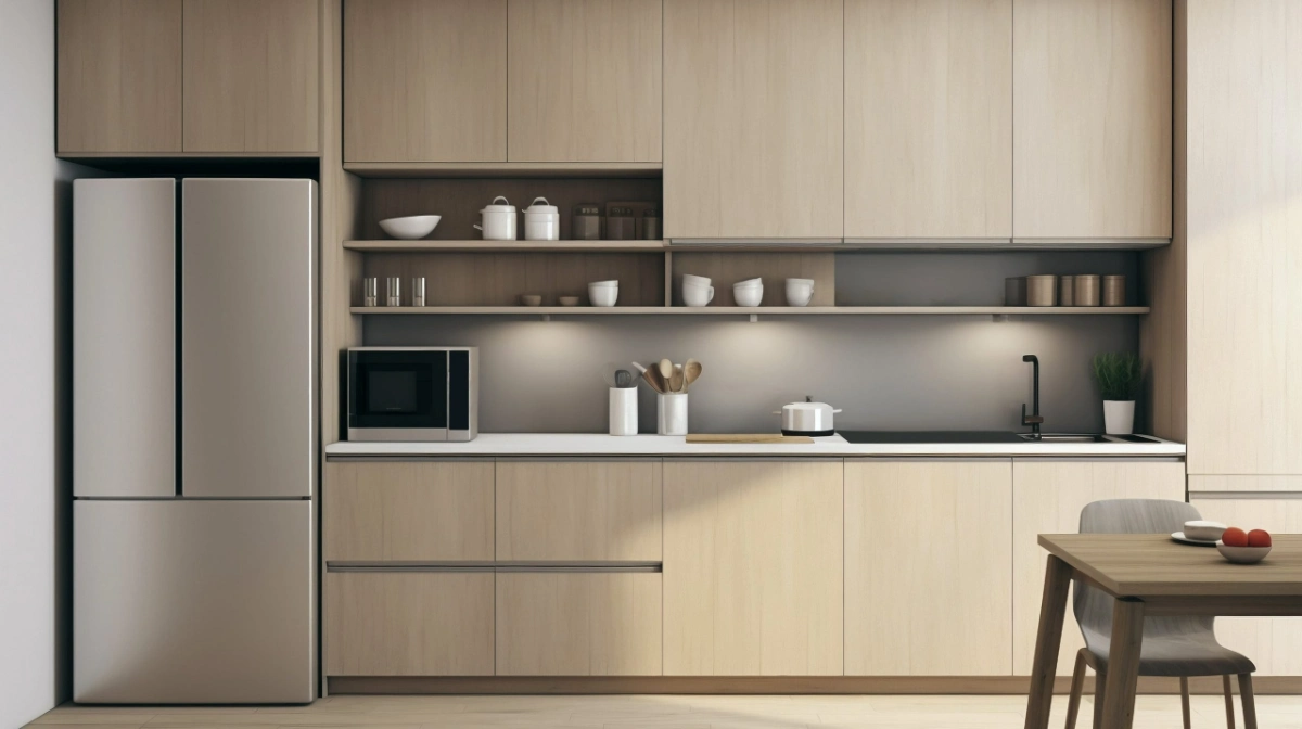 کابینت ام دی اف سبک مینیمال کرمی بدون دستگیره با شلف های دکوری