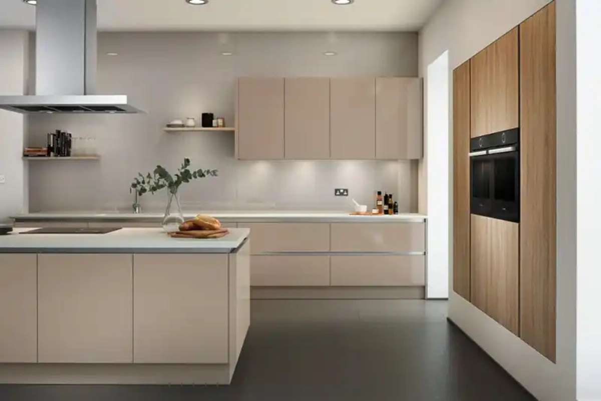 کابینت هایگلاس براق رنگ نود مایل به کرمی مدرن