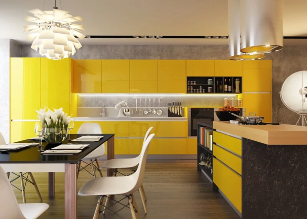 کابینت های گلاس براق زرد بدون دستگیره با میز ناهارخوری چوبی