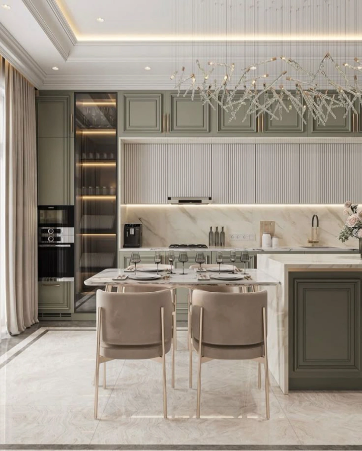 کابینت نئوکلاسیک سبز و طوسی ویترین‌دار با جزئیات کم