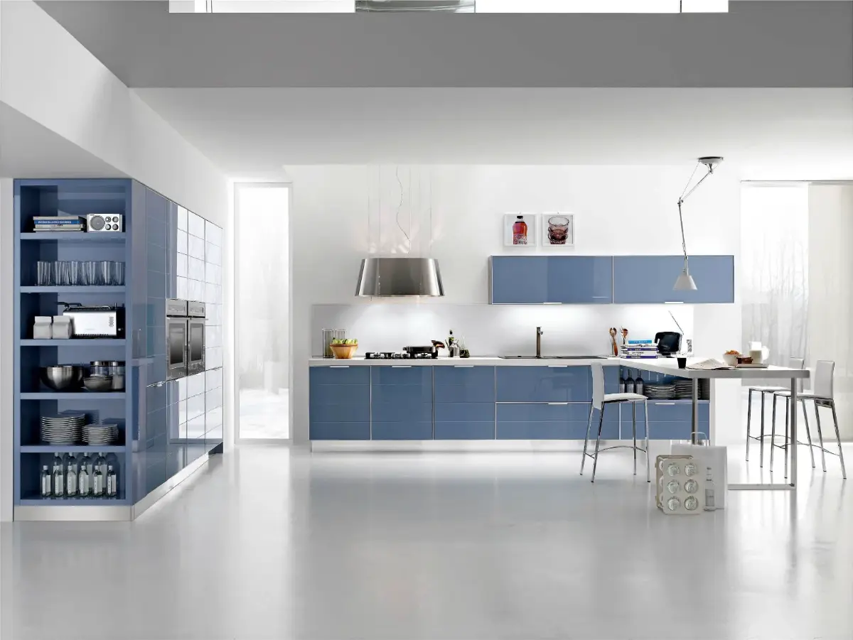 طرح کابینت های گلاس جدید به رنگ آبی با ویترین