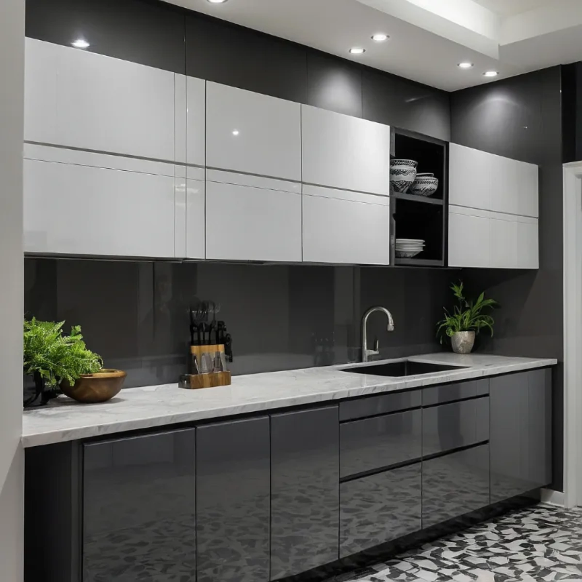 کابینت مدرن های‌گلاس سفید و طوسی تیره