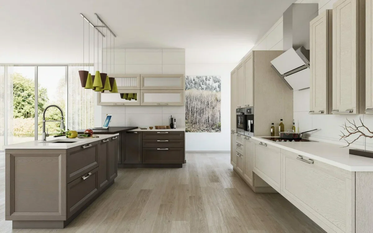 کابینت نئوکلاسیک دو رنگ کرم و قهوه‌ای، هماهنگ با سایر عناصر دکوراسیون