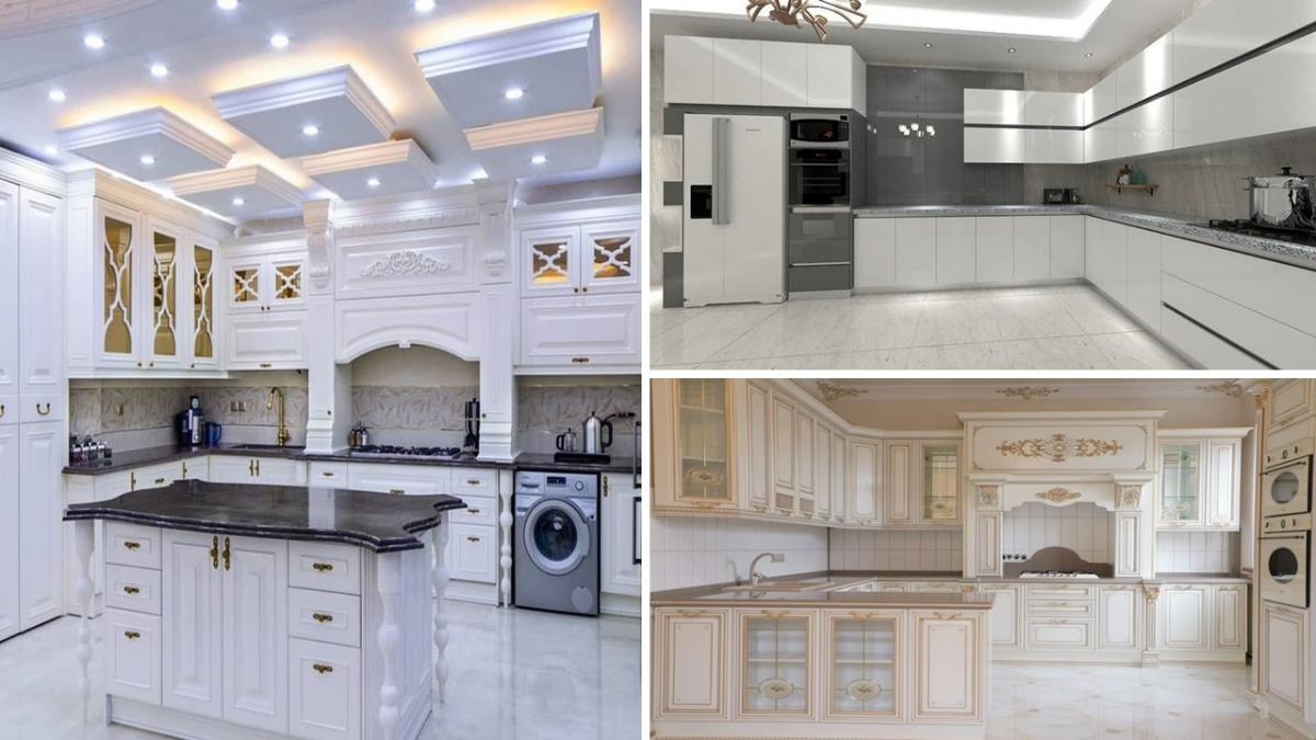 عکس شاخص سه کابینت ممبران سفید کلاسیک، کابینت سفید هایگلاس و کابینت ممبران سفید طلایی کلاسیک