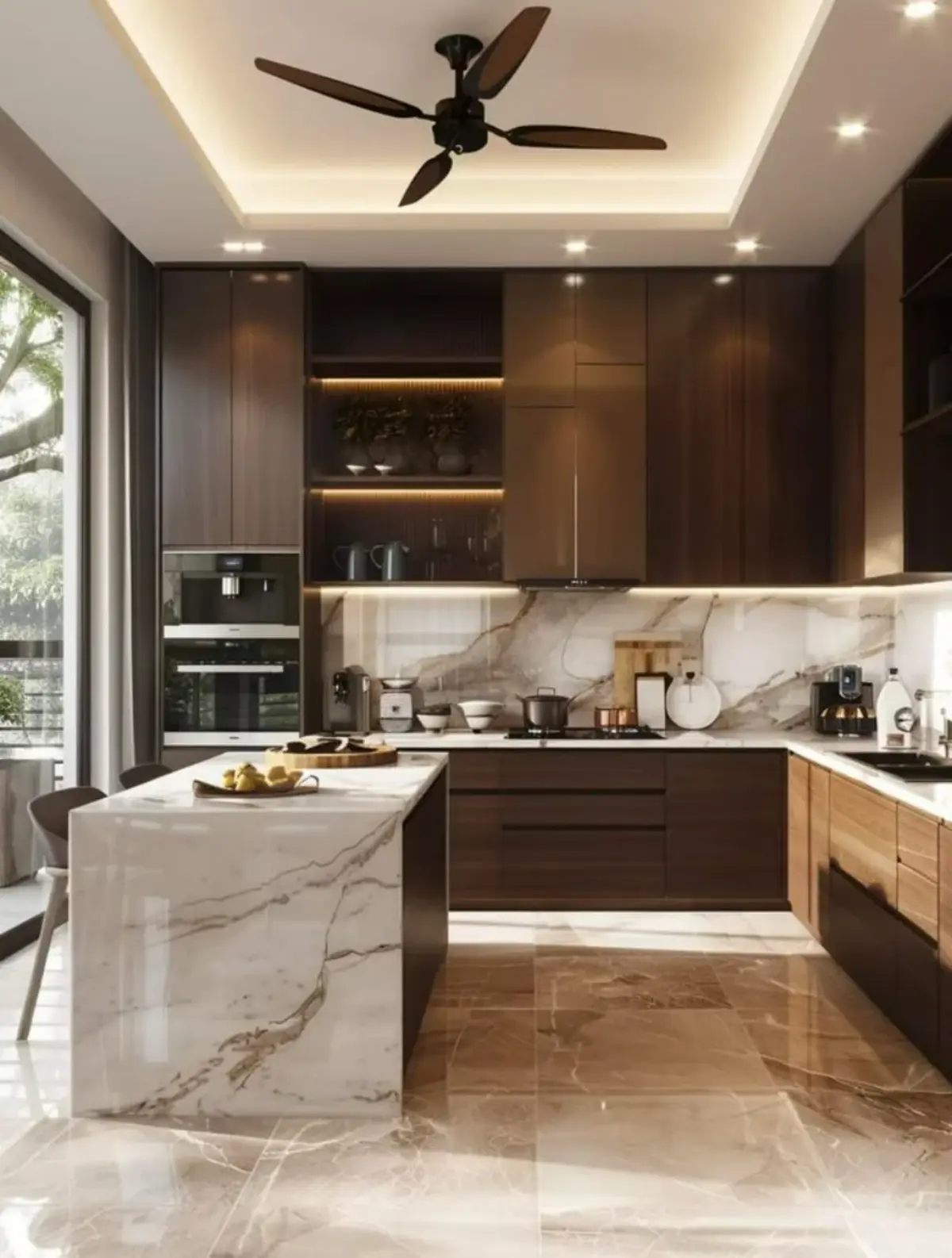 کابینت ام دی اف قهوه‌ای سوخته با جزیره سنگی و به رنگ سفید
