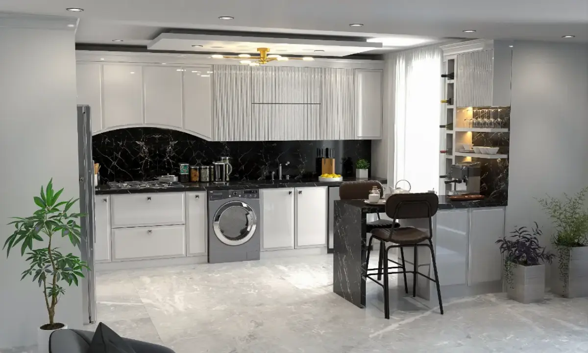 کابینت پولیشی سفید با دستگیره مدرن مربعی