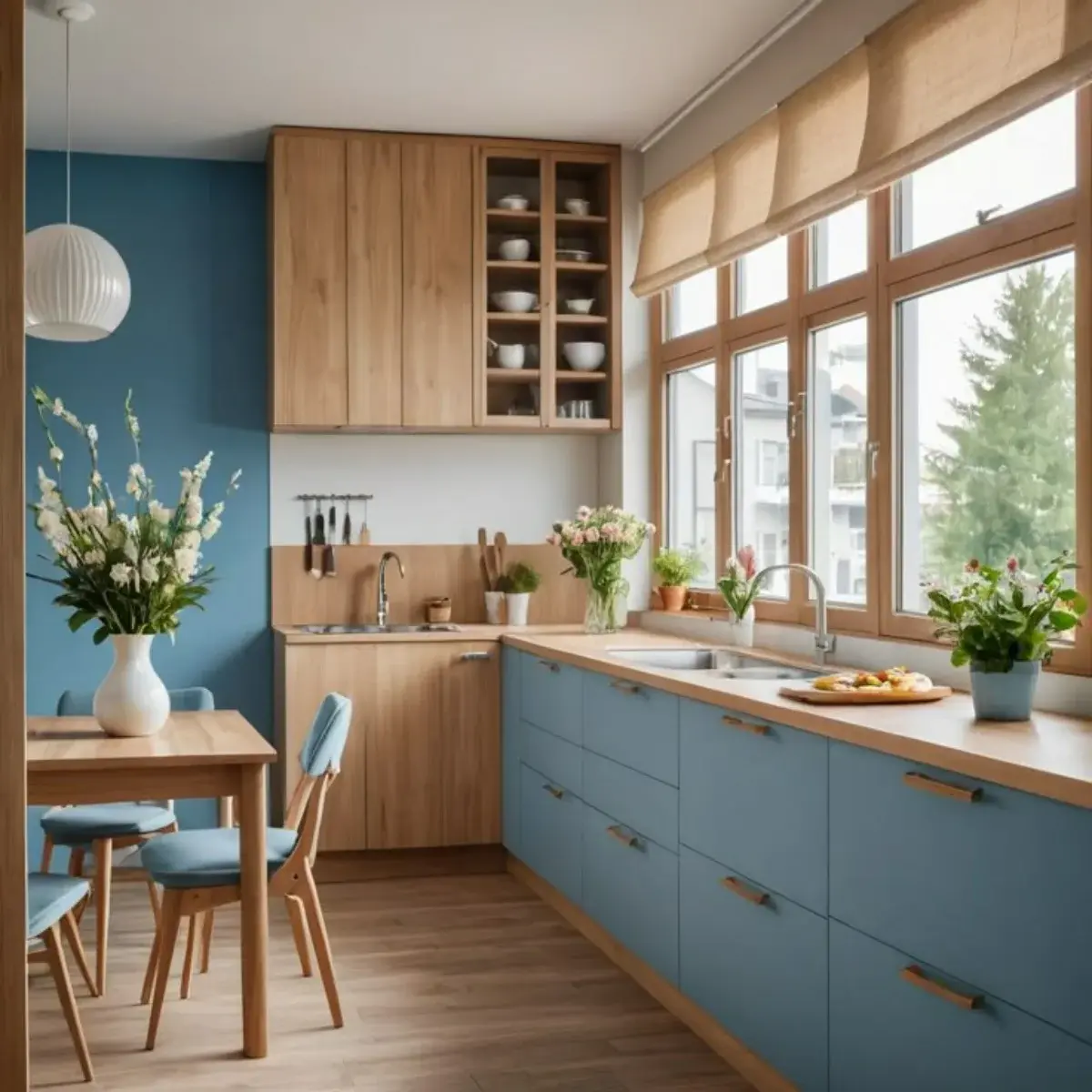 کابینت ام دی اف سبک ساحلی با ترکیب رنگ ابی و عسلی با دستگیره های چوبی عسلی
