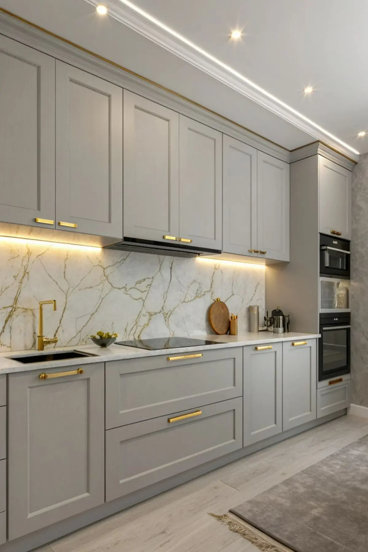 کابینت نئوکلاسیک طوسی با دستگیره طلایی