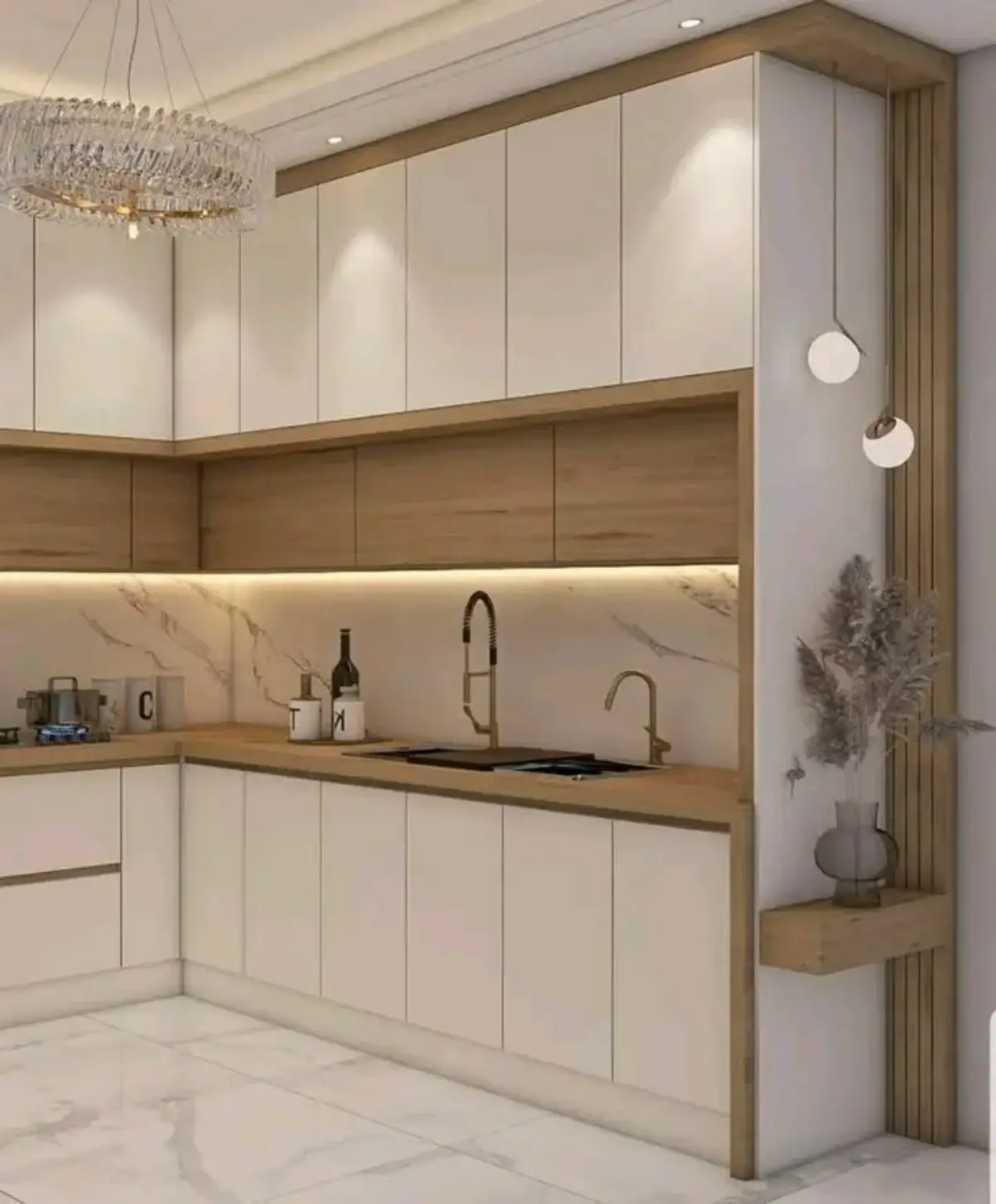 آشپزخانه با کابینت قهوه‌ای دارای درب های سفید و بدون دستگیره