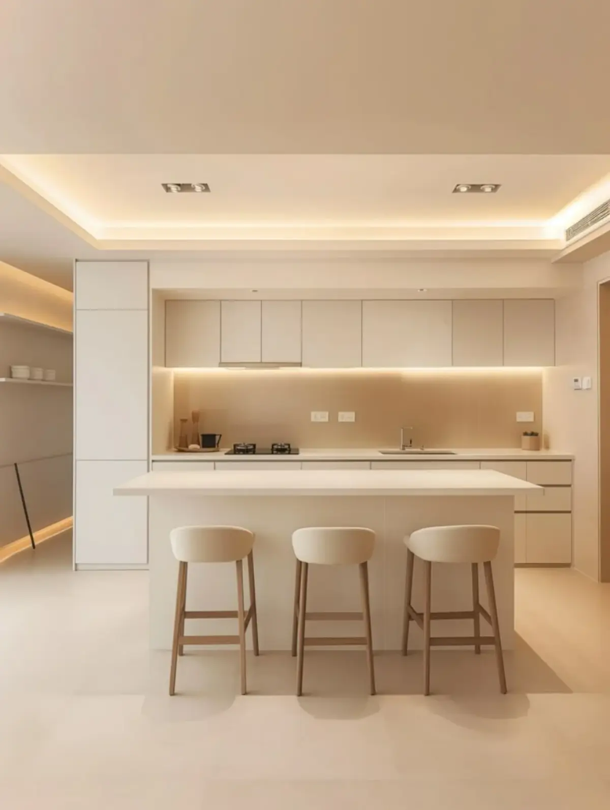 کابینت ام دی اف سفید صدفی مات با نورپردازی مخفی از زیر کابینت