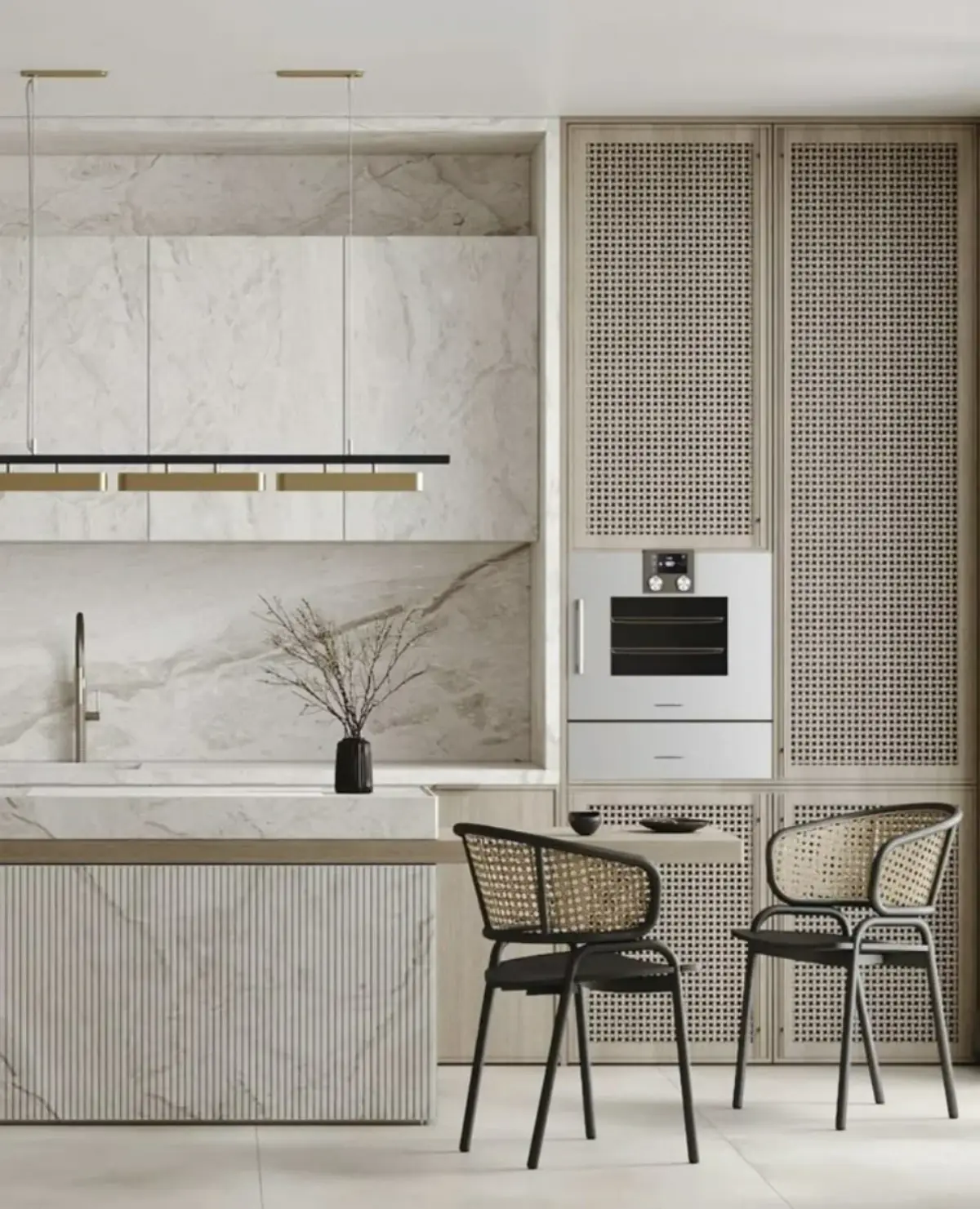 کابینت سبک مدرن با درب حصیری به رنگ سفید و طوسی روشن