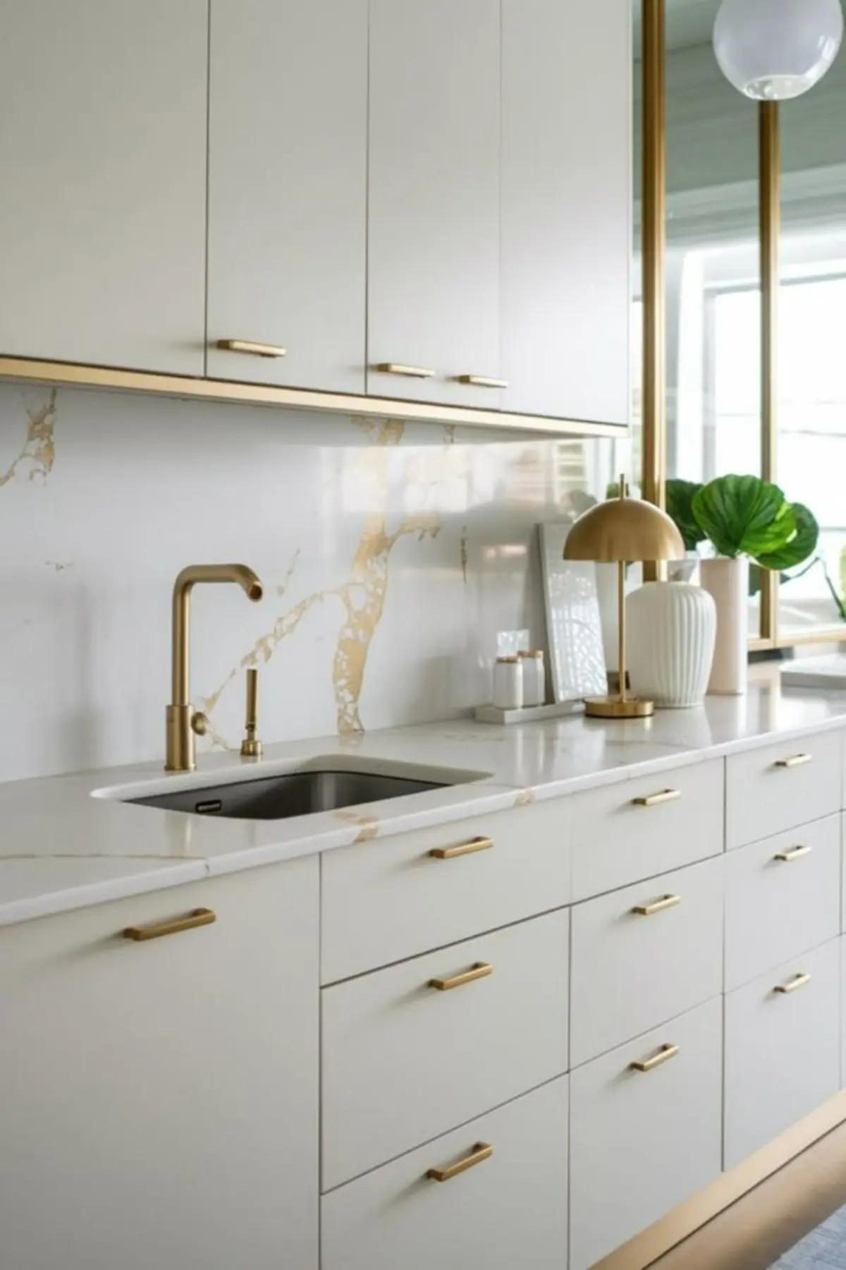 کابینت ام دی اف سفید با دستگیره و بین کابینتی طلایی